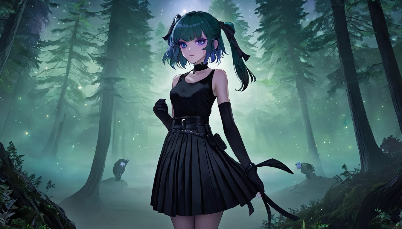 ubel,1girl,green hair, bangs,hair between eyes,side ponytail, purple eyes, black choker, collarbone, sleeveless, black dress,sleeveless dress, halterneck,pleated skirt, black gloves,belt,black footwear, forest, dark forest, night, moonlight, moonrays, fog