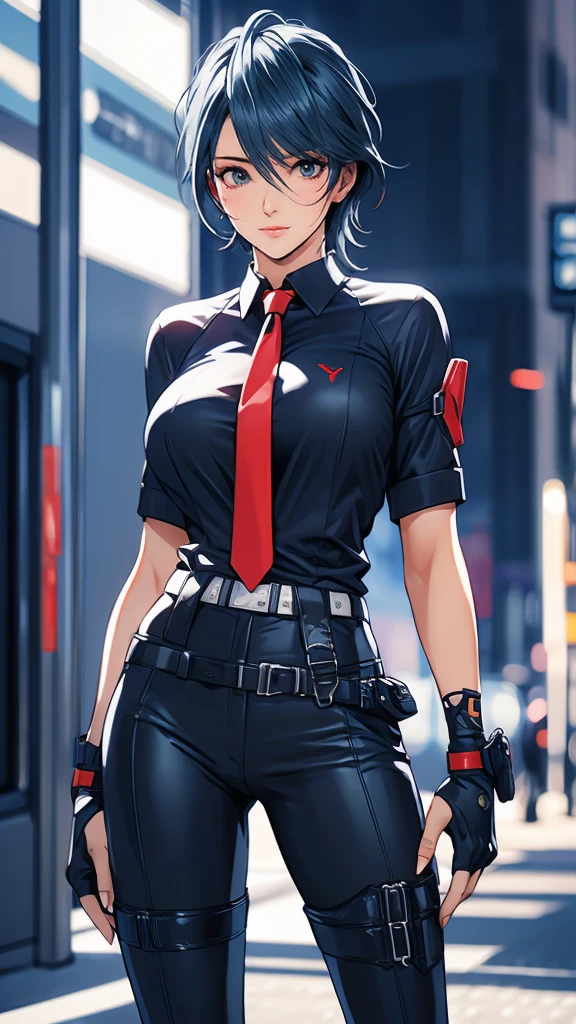 1 Female, Tamaki, short hair, hair between eyes, (detailed eyes:1.3), Business shirts, tie, tight suit trousers, Leather Holster, fingerless gloves