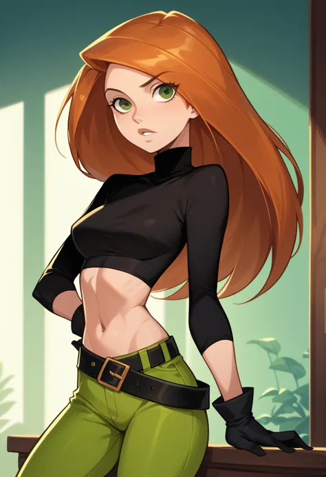 kim_possible,1girl,solo,long hair,black gloves,navel,green eyes,midriff,belt,green pants,orange hair,black crop top,turtleneck,r...