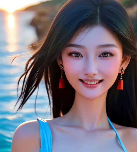 Chinese Beauty，20 years old，On the Greek coast，Wearing a light blue bikini，Medium bust，sunrise，Sunlight shines on the face，Smili...
