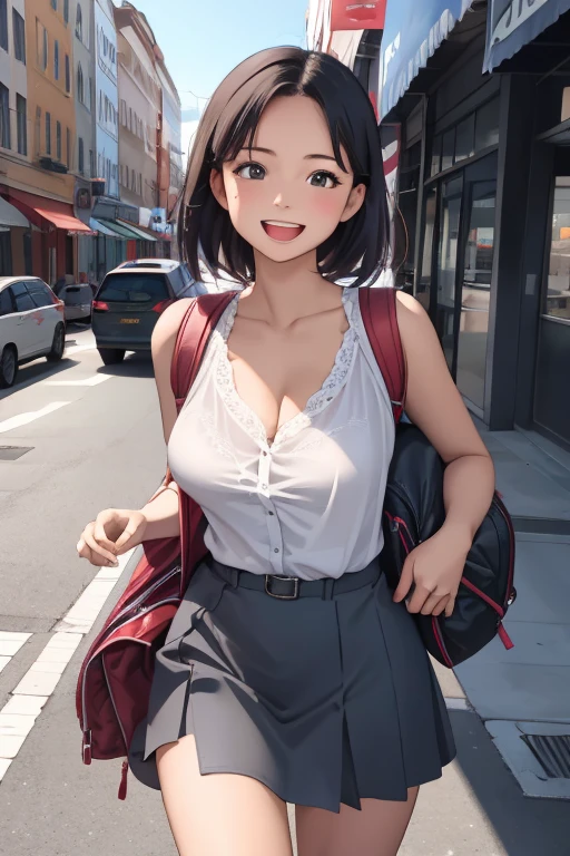 masterpiece, Highest quality, One adult woman 10.0,Very detailed,Rin々Nice face,Open Mouth Smile,Black eyes,Legs visible through a short skirt,Natural Beauty,Cinematic,Medium chest,Walking in the downtown area,Carrying a backpack,Showing from the knees 10.0,Wearing high  50.0,Large Breasts 10.0,