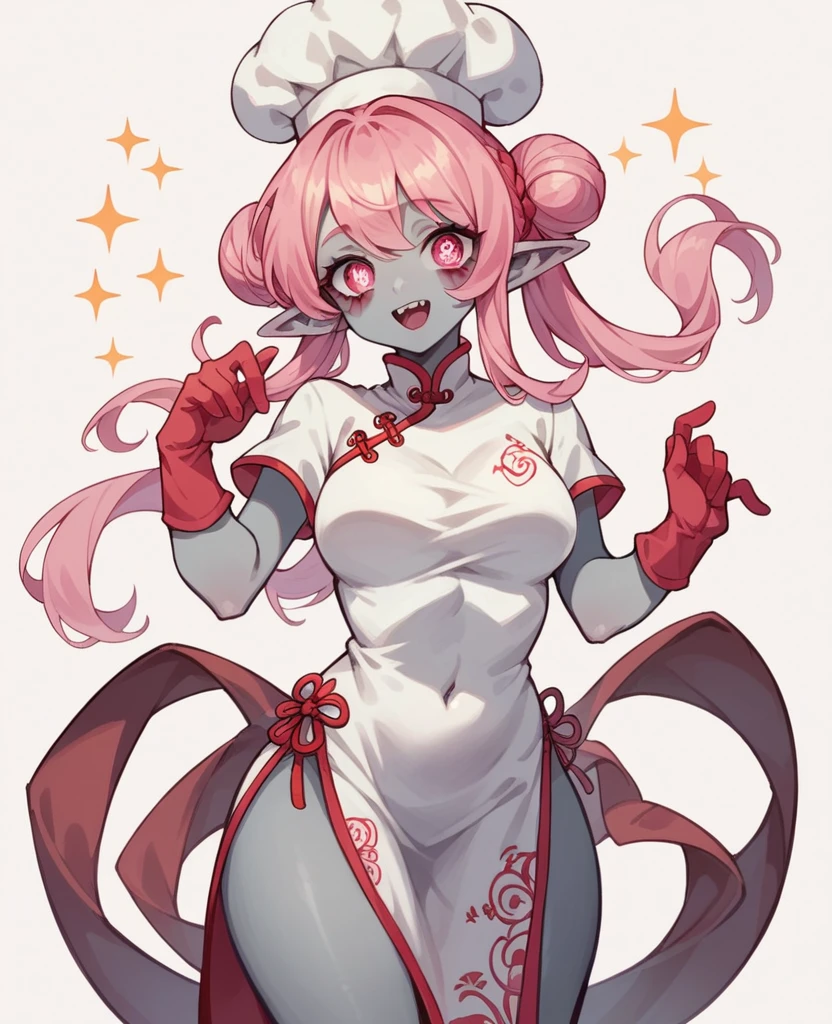 NSFW,whole body,Full Art,Elf,Zombie Girl,Grey Skin,One Girl,,Pink Hair,Long Straight Hair,Pink Eyes,Sparkling Eyes,white hunting hat,China dress,Chef&#39;s uniform,Big Breasts,giant breasts,Provocative smile,Big Thighs,Brat