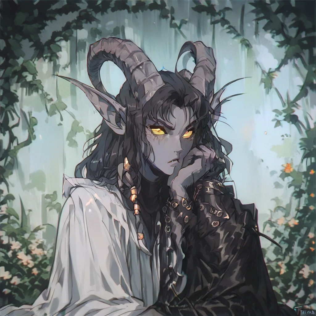 (((Beautiful, high quality, a lot of details))), portrait, check_9, check_8_up, check_7_up, tiefling, pointed ears, horns like a goat, colored sclera, 1 boy, dark gray skin, black hair, golden eyes eyes, frowning look, serious face, modern clothes