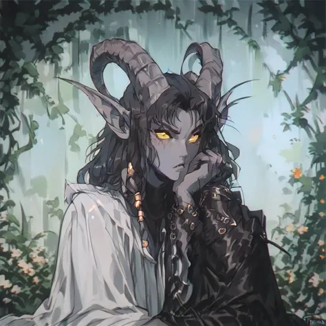 (((Beautiful, high quality, a lot of details))), portrait, check_9, check_8_up, check_7_up, tiefling, pointed ears, horns like a...