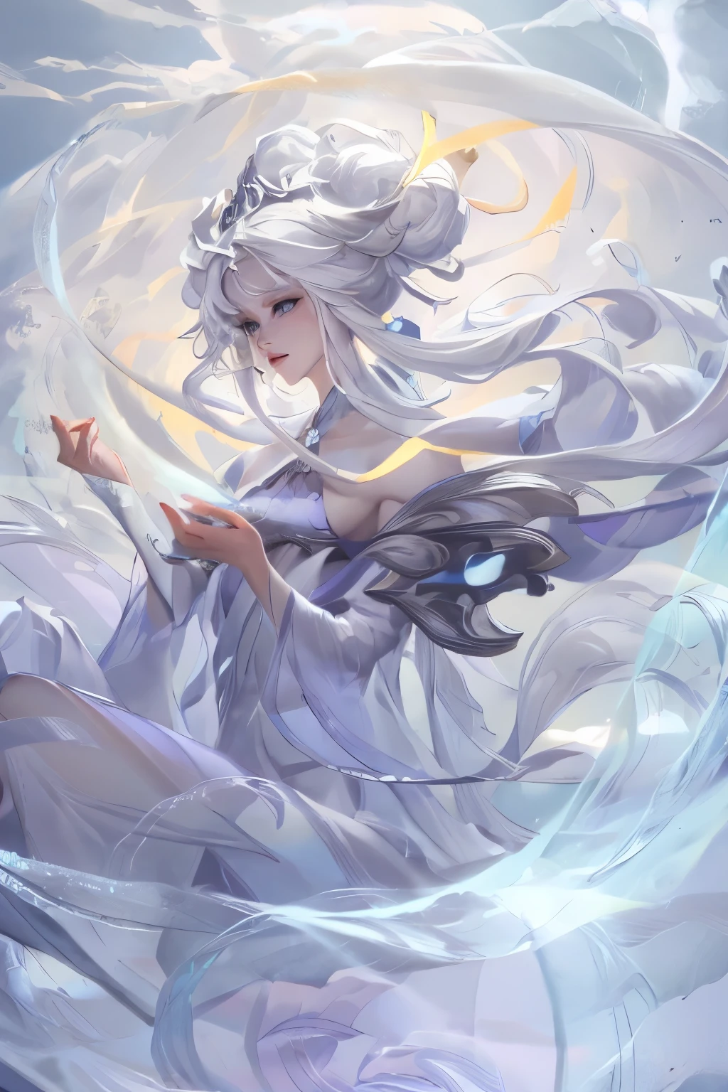 ((extremadamente detallado CG unity 8k wallpaper)), obra maestra, extremadamente detallado, Flotante, Alta resolución, sugerencia sexual, (pequeño, pelo blanco absurdamente largo, Princesa, mago blanco, blue eyes, (Hermoso vestido largo transparente en capas en blanco y rojo，Con mangas anchas desmontables y bordados intrincados.), velo de novia, ANILLO, Guantes de novia, rubor, tímido, arqueando la espalda, enagua con volantes, precioso corsé,