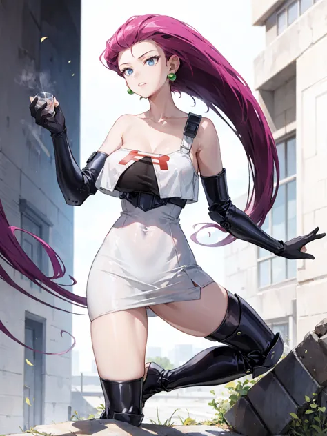 Jessie Pokemon, jewelry, Official Art,(Team Rocket:1.3, Black arm guard, Black knee-high socks, White Skirt, white crop shirt) ,...