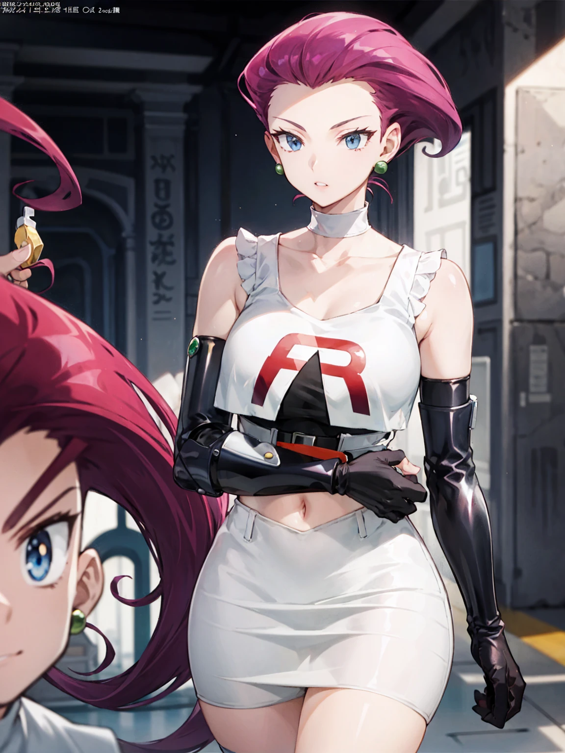 Jessie Pokemon, jewelry, Official Art,(Team Rocket:1.3, Black arm guard, Black knee-high socks, White Skirt, white crop shirt) , blue eyes,   One girl,  Purple Hair, Earrings, clavicle, I slicked my hair back., Part your lips, Blurred Background, Big Breasts