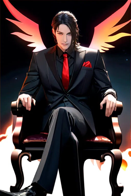 (8k, best quality, masterpiece:), Lucifer Morningstar, one masculine British male angel with dark hair, mischievous smile, flaming wings, devil, fallen angel, flames in background, details, dark suit, club theme, 1:1 ratio, sitting on a throne drinking whi...