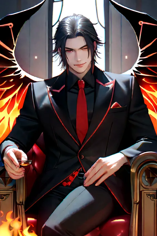 (8k, best quality, masterpiece:), Lucifer Morningstar, one masculine British male angel with dark hair, mischievous smile, flaming wings, devil, fallen angel, flames in background, details, dark suit, club theme, 1:1 ratio, sitting on a throne drinking whi...