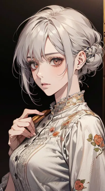 A painting of a woman with gray hair and an orange blouse, Awesome anime face portrait, beautiful character painting, cute anime...
