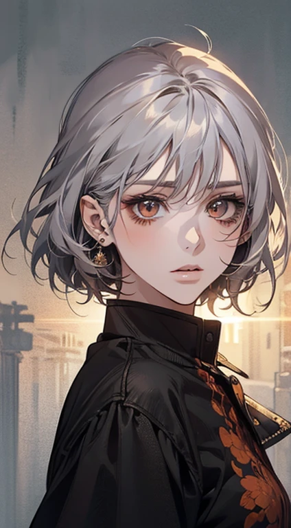 A painting of a woman with gray hair and an orange blouse, Awesome anime face portrait, beautiful character painting, cute anime portrait, her image is rendered with red ink, presenting an impressive effect. The painting is very detailed, depicting female faces and clothing. Your face has a creamy dripping effect, which makes the whole face more vivid. She wears a beautiful, detailed outfit with light gray hair.. The proportions are accurate, and the female characters&#39; costumes are traditionally dressed, showing a classic charm.