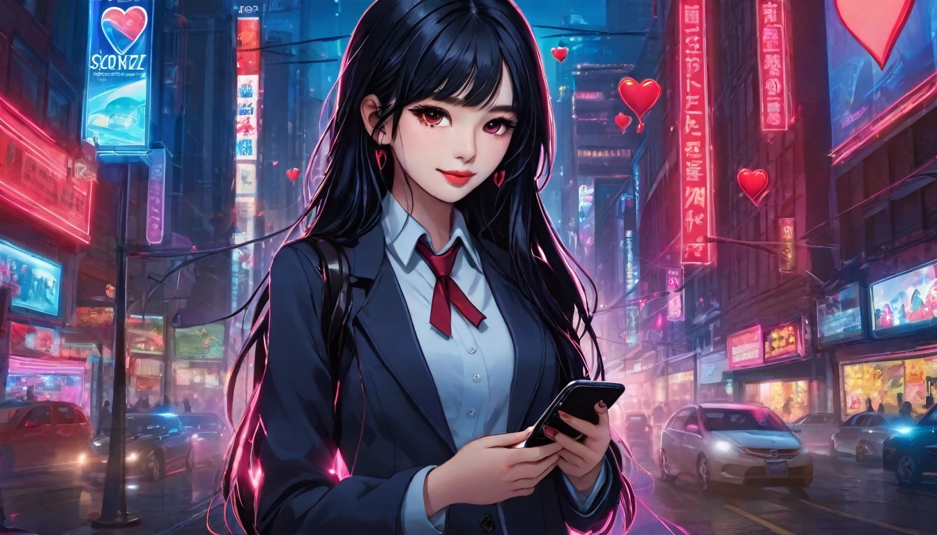 A young girl with long black hair and red eyes stands in a bustling city street at night. She is wearing a  with a blue ribbon and a dark blazer, holding a smartphone with a heart sticker on it. The background is filled with neon signs and advertisements, creating a vibrant and lively atmosphere. The girl appears focused on her phone, with a hint of reflection from the screen on her face.