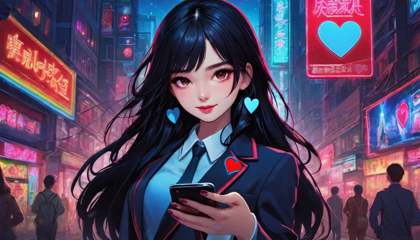 A young girl with long black hair and red eyes stands in a bustling city street at night. She is wearing a  with a blue ribbon and a dark blazer, holding a smartphone with a heart sticker on it. The background is filled with neon signs and advertisements, creating a vibrant and lively atmosphere. The girl appears focused on her phone, with a hint of reflection from the screen on her face.