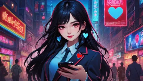 A young girl with long black hair and red eyes stands in a bustling city street at night. She is wearing a  with a blue ribbon a...