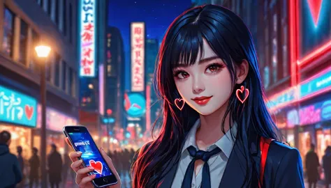 A young girl with long black hair and red eyes stands in a bustling city street at night. She is wearing a  with a blue ribbon a...