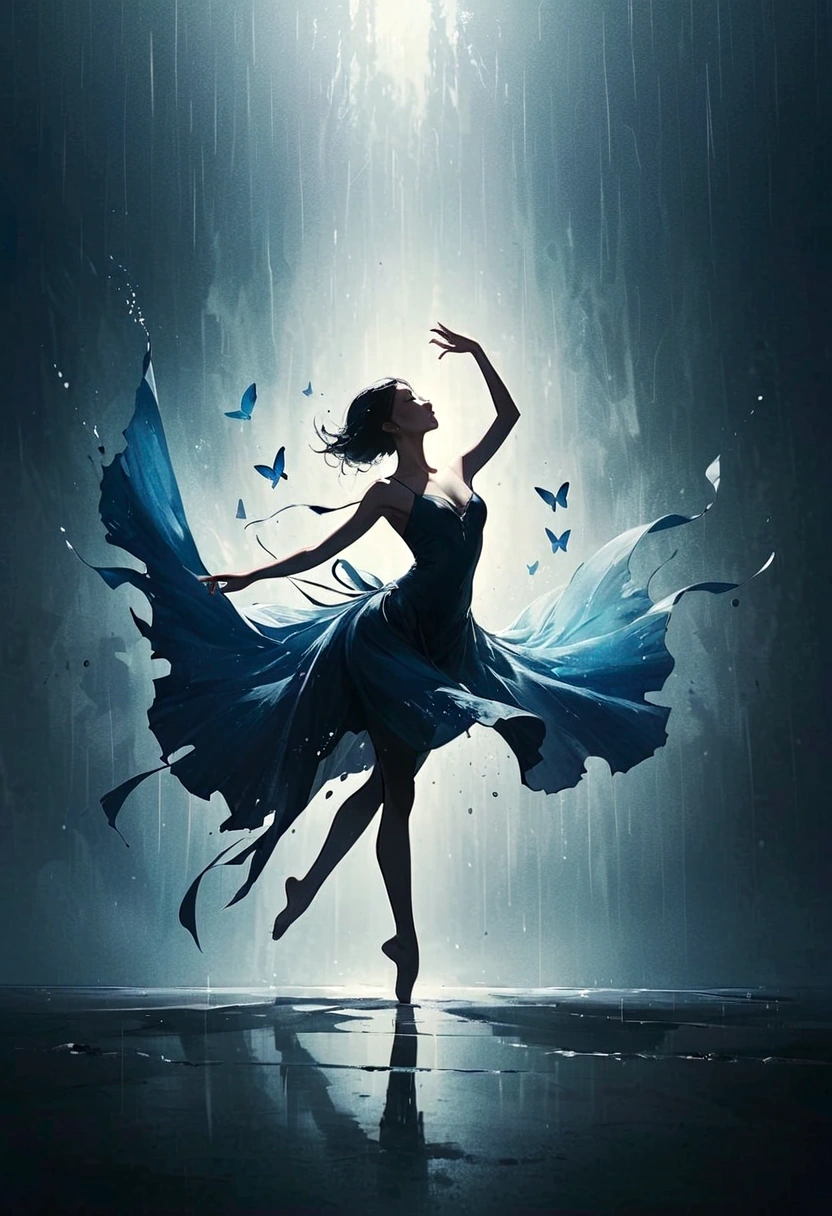 ,靈魂舞者在雨中獨自跳舞，赤腳，寬鬆且破舊的衣服，專業芭蕾舞動作，指尖1隻蝴蝶，很有感染力，濺，光與影，極簡主義，意境，乾淨的背景