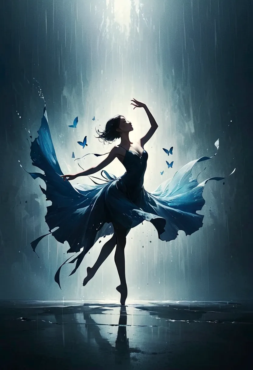 ,The soul dancer dancing alone in the rain，Barefoot，Loose and worn clothes，Professional ballet movements，Fingertips 1 butterfly，...