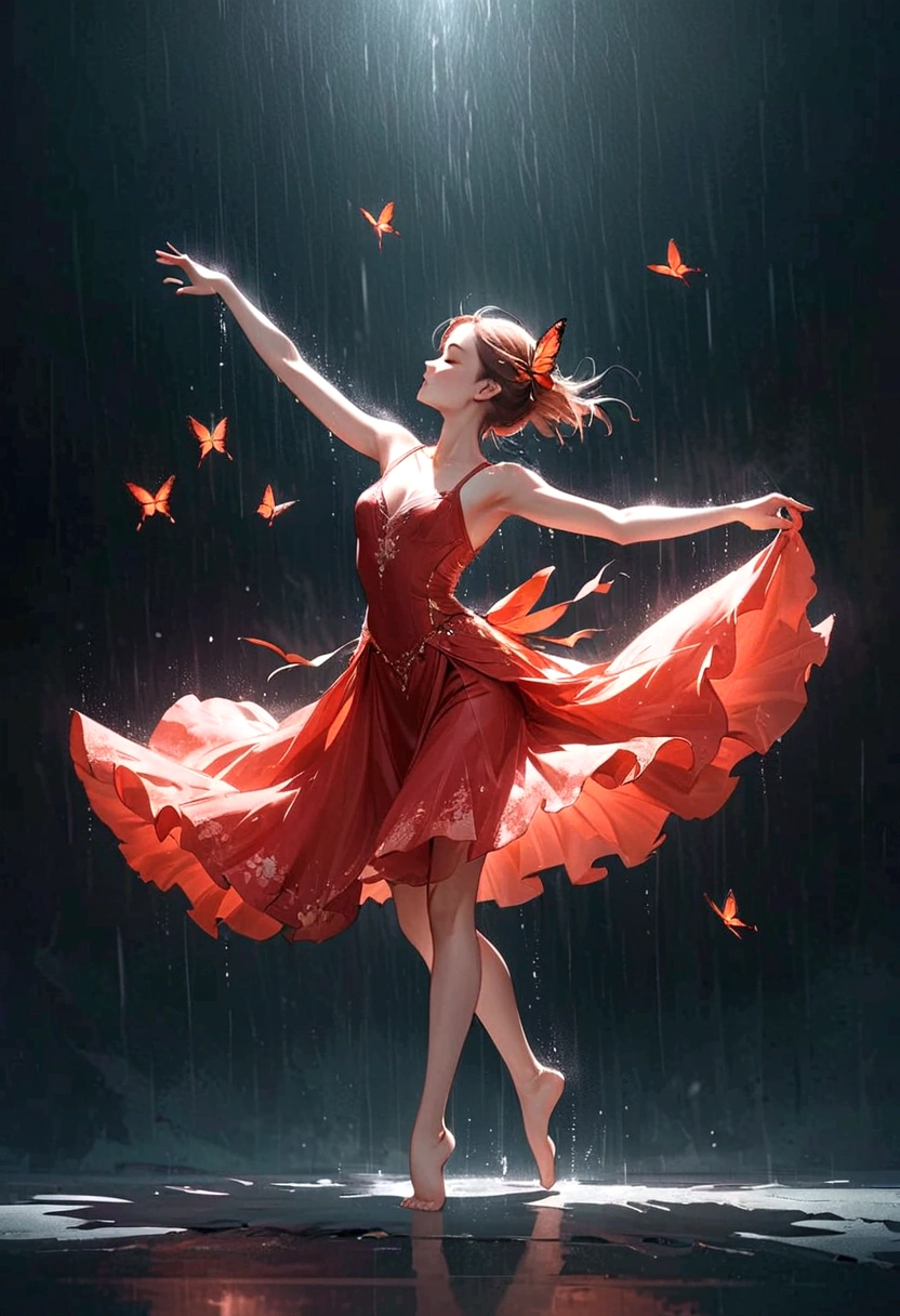 ,La danseuse soul dansant seule sous la pluie，pieds nus，Vêtements amples et usés，mouvements de ballet professionnels，Bout des doigts 1 papillon，Très contagieux，éclaboussure，lumière et ombre，minimalisme，conception artistique，fond propre