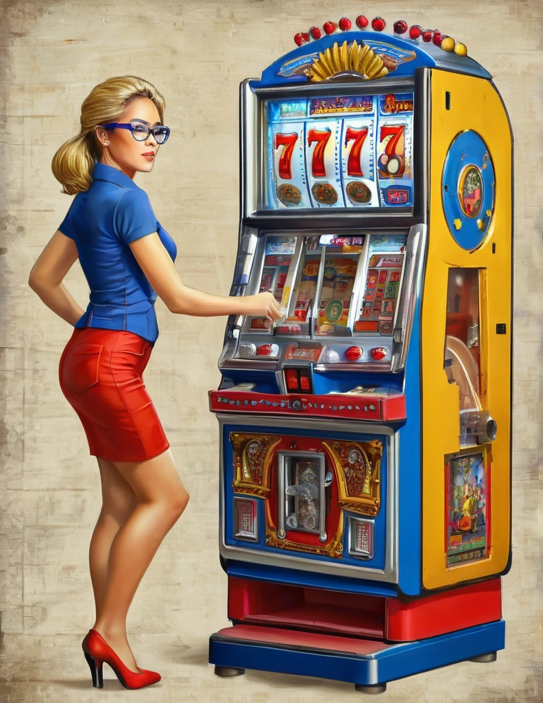 (Slot), (7), (Pachinko Parlor), (playing slot), (woman), (glasses), (multiple slot machines),(best quality:1.2),(master piece:1.2),(8k),(16k:1.2),(Illustration),(Best Quality:1.2), (Ultra-detailed:1.2),(top-quality:1.2),(​masterpiece:1.2)