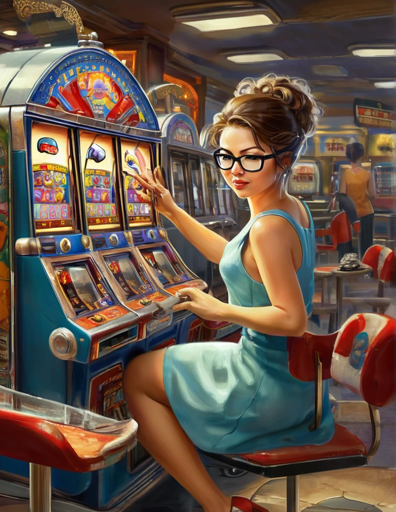 (Slot), (7), (Pachinko Parlor), (playing slot), (woman), (glasses), (multiple slot machines),(best quality:1.2),(master piece:1.2),(8k),(16k:1.2),(Illustration),(Best Quality:1.2), (Ultra-detailed:1.2),(top-quality:1.2),(​masterpiece:1.2)