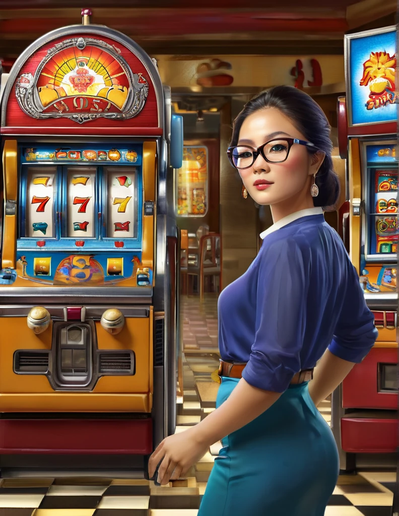 (Slot), (7), (Pachinko Parlor), (playing slot), (woman), (glasses), (multiple slot machines),(best quality:1.2),(master piece:1.2),(8k),(16k:1.2),(Illustration),(Best Quality:1.2), (Ultra-detailed:1.2),(top-quality:1.2),(​masterpiece:1.2)