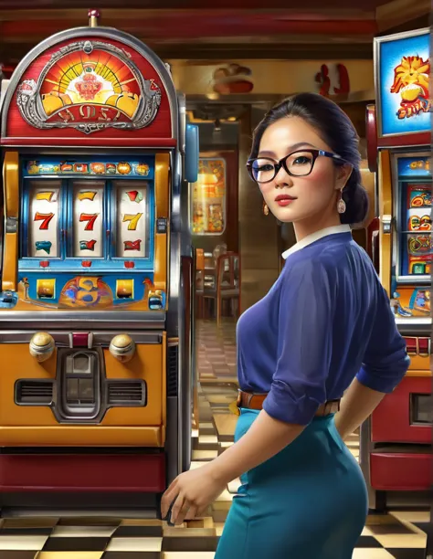 (Slot), (7), (Pachinko Parlor), (playing slot), (woman), (glasses), (multiple slot machines),(best quality:1.2),(master piece:1....