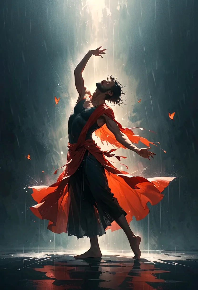 Soul Dancer Mark,A homeless man dancing alone in the rain，soul，Barefoot，Loose and worn clothes，Professional ballet movements，Fin...