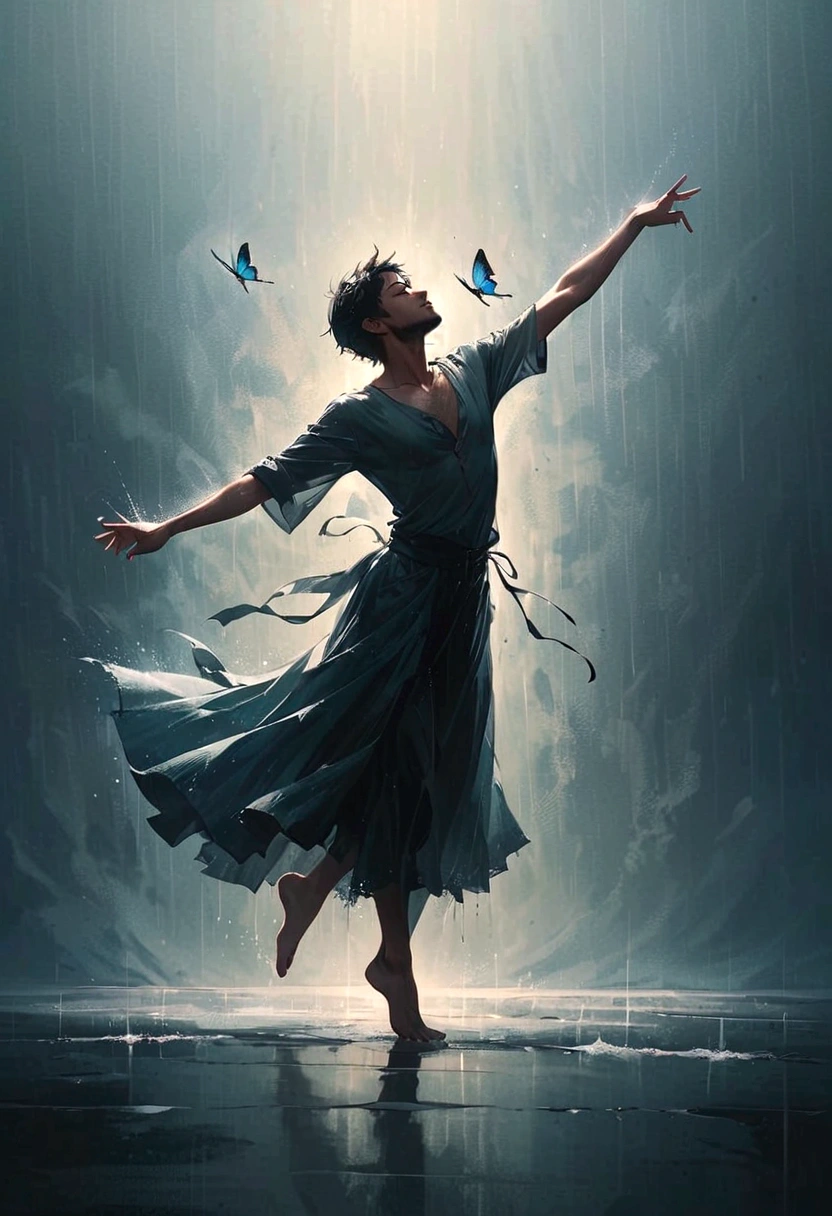灵魂舞者马克,一名无家可归的男子在雨中独自跳舞，灵魂，赤脚，宽松破旧的衣服，专业芭蕾舞动作，指尖1只蝴蝶，极具传染性，溅，光与影，极简主义，意境，干净的背景