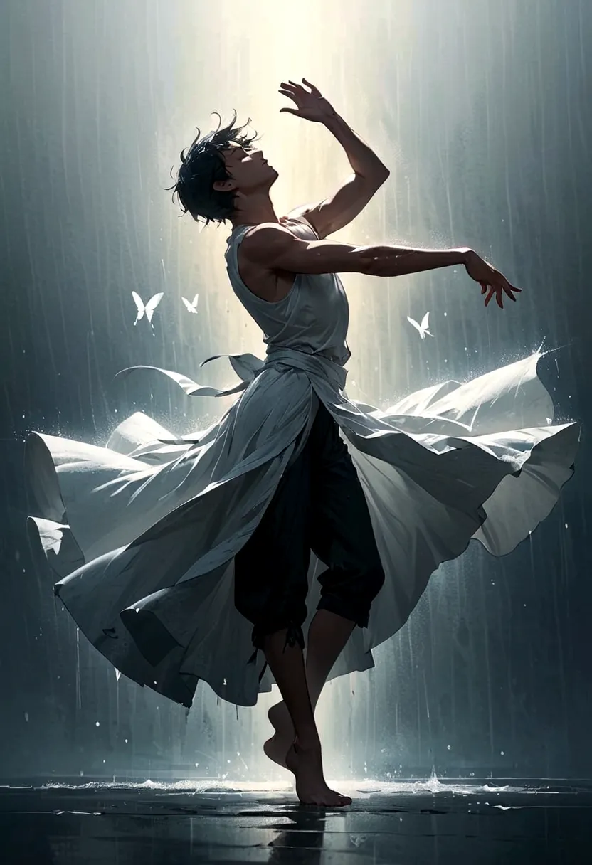 Soul Dancer Mark,A homeless man dancing alone in the rain，soul，Barefoot，Loose and worn clothes，Professional ballet movements，Fin...