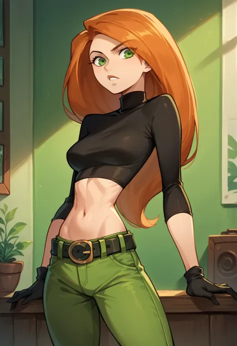 kim_possible,1girl,solo,long hair,black gloves,navel,green eyes,midriff,belt,green pants,orange hair,black crop top,turtleneck,r...