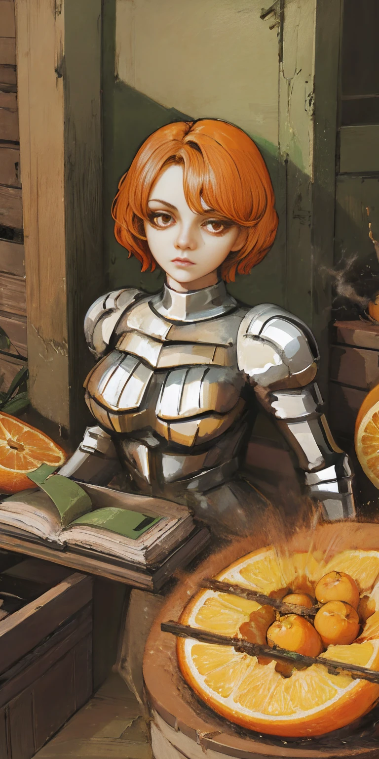 funger, very detailed illustration, 1girl, big breasts, highres, high quality, masterpiece, looking at viewer, (knight), orange hair, absurdres, ultra-detailed, short hair