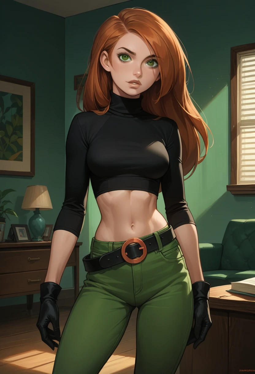 kim_possible,1girl,solo,long hair,black gloves,navel,green eyes,midriff,belt,green pants,orange hair,black crop top,turtleneck,room,room background,cowboy shot