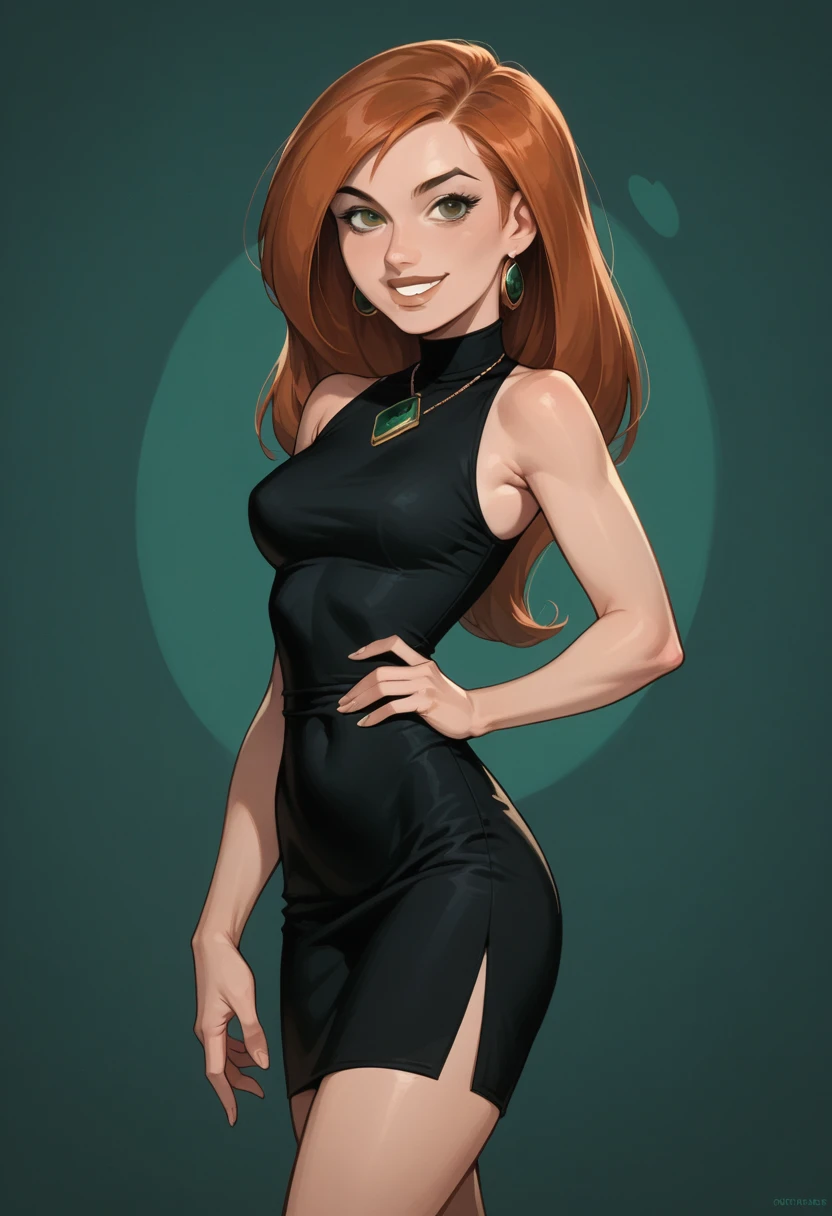 Kim_possible, noir_robe, court_robe, main_sur_propre_Hanche, seulement, séduisant_sourire,