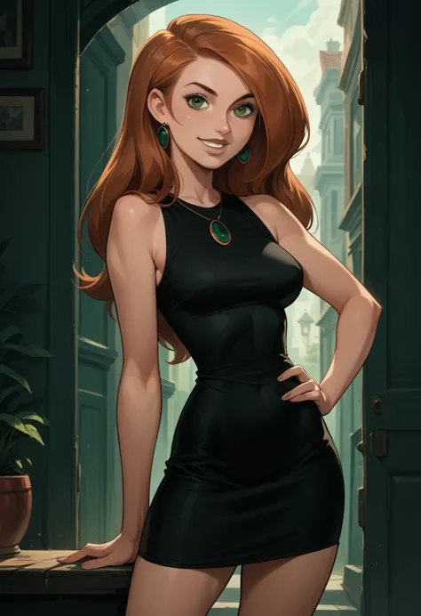 kim_possible, black_dress, short_dress, hand_on_own_hip, solo, seductive_smile,