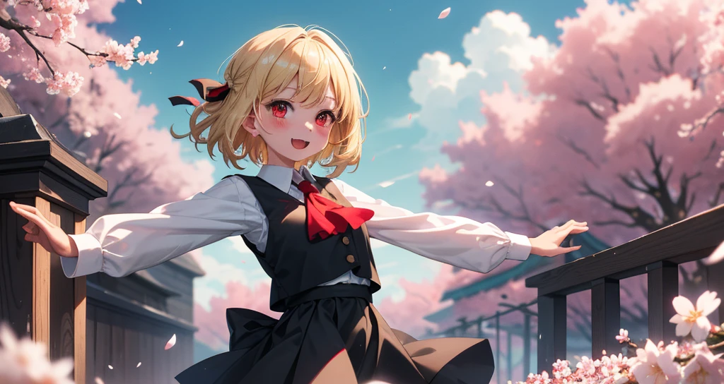 (masterpiece, best quality, detailed background, extremely detailed:1.5), glowing, BREAK 1girl, solo, (rumia, dress, red ascot, bow, short hair, :d, black fang, hair bow, spread arms, red eyes, bangs, collared shirt, red ribbon, ribbon, vest, long sleeves, skirt set, white shirt, black vest, darkness, necktie, shoes, hair ribbon, ascot, outstretched arms, blonde hair,:1.3), looking at viewer, sparkle, blush, upper body, claw pose, smile BREAK scenery, outdoors, sakura, cherry blossoms, falling petals, petals, cloud, sky BREAK depth of field, chromatic aberration, sidelighting, backlighting