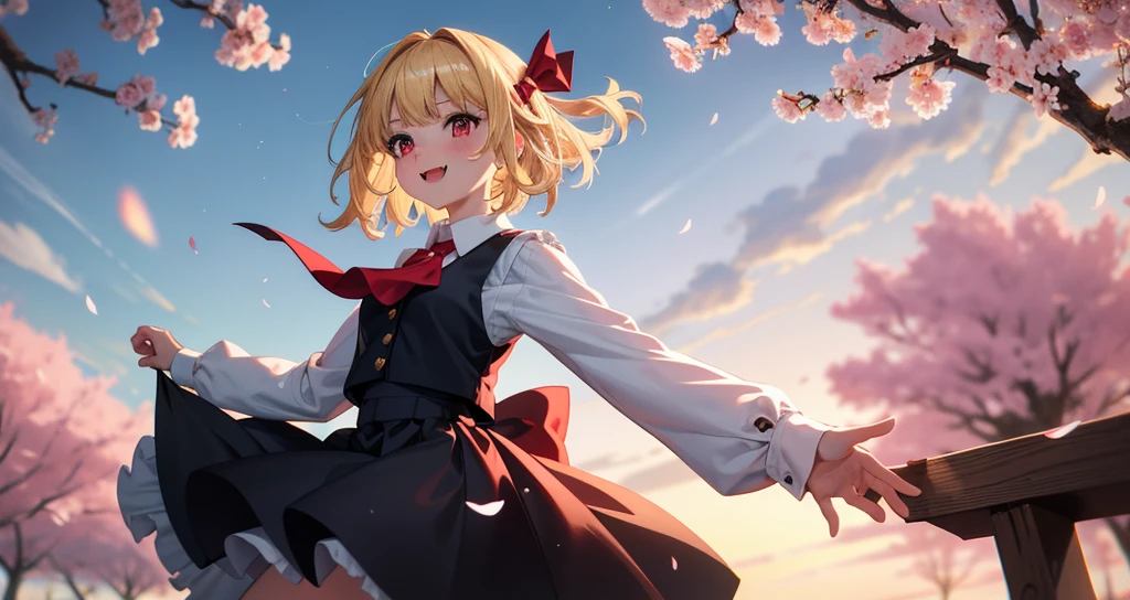 (masterpiece, best quality, detailed background, extremely detailed:1.5), glowing, BREAK 1girl, solo, (rumia, dress, red ascot, bow, short hair, :d, black fang, hair bow, spread arms, red eyes, bangs, collared shirt, red ribbon, ribbon, vest, long sleeves, skirt set, white shirt, black vest, darkness, necktie, shoes, hair ribbon, ascot, outstretched arms, blonde hair,:1.3), looking at viewer, sparkle, blush, upper body, claw pose, smile BREAK scenery, outdoors, sakura, cherry blossoms, falling petals, petals, cloud, sky BREAK depth of field, chromatic aberration, sidelighting, backlighting