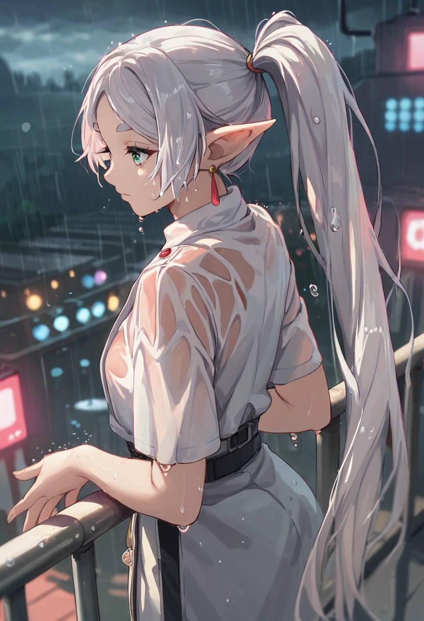 score_9, score_8_up, score_7_up, source_anime, solo, elf, white hair, grey hair, earrings, pointy ears, long hair, ponytail, green eyes, twintails, parted bangs, thick eyebrows, neon trim, lights, laboratory, factory, from side, from behind, dynamic angle, leaning on rail, reaching out, outdoors, rain, thunderstorm, wind, wet hair, wet skin, wet clothes, water droplets on screen, close-up, low key, depth of field,frieren