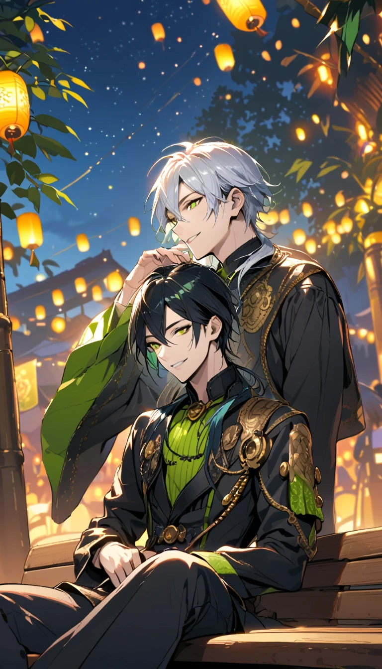 super fine illustration, an extremely delicate and beautiful, (best quality:1.4), young adult, steampunk world, sitting on a bench under a swaying bamboo branch adorned with colorful Tanabata decorations, BREAK gazing up at the mesmerizing night sky filled with sparkling stars, a sense of tranquility and wonder reflecting in his eyes, the gentle breeze caressing his hair, the soft glow of lanterns casting a warm ambiance, a moment of peaceful contemplation in the midst of the vibrant festival atmosphere, BREAK 2young man, gay couple, (handsome men:1.2), happy smile,(white hair, short hair, green eyes, friendly), (black hair, blue eyes, confident, charismatic), relationship, after kiss,malleus draconia (twisted wonderland) horns, bishounen, boy, male, yana Toboso style, long hair, black hair, yellow green eyes, smile, gray lips, handsome, skinny, tall, yellow green glow,AddXL
