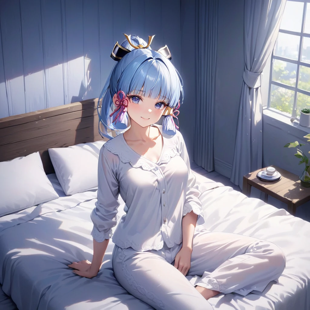 Ayaka,((blue hair)), elf,Beautiful face,smile, fit the body, medium breast,sitting on the bed,Wear white pajamas,illustration,detailed texture,very detailed(realistic),vertical style,bright colors,soft light.