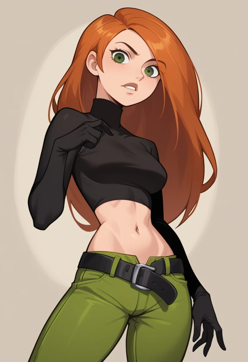  score_9, score_8_up, score_7_up, score_6_up, score_5_up, score_4_up, kim_possible,1girl,solo,long hair,black gloves,navel,green eyes,midriff,belt,green pants,orange hair,black crop top,turtleneck,room,room background,cowboy shot