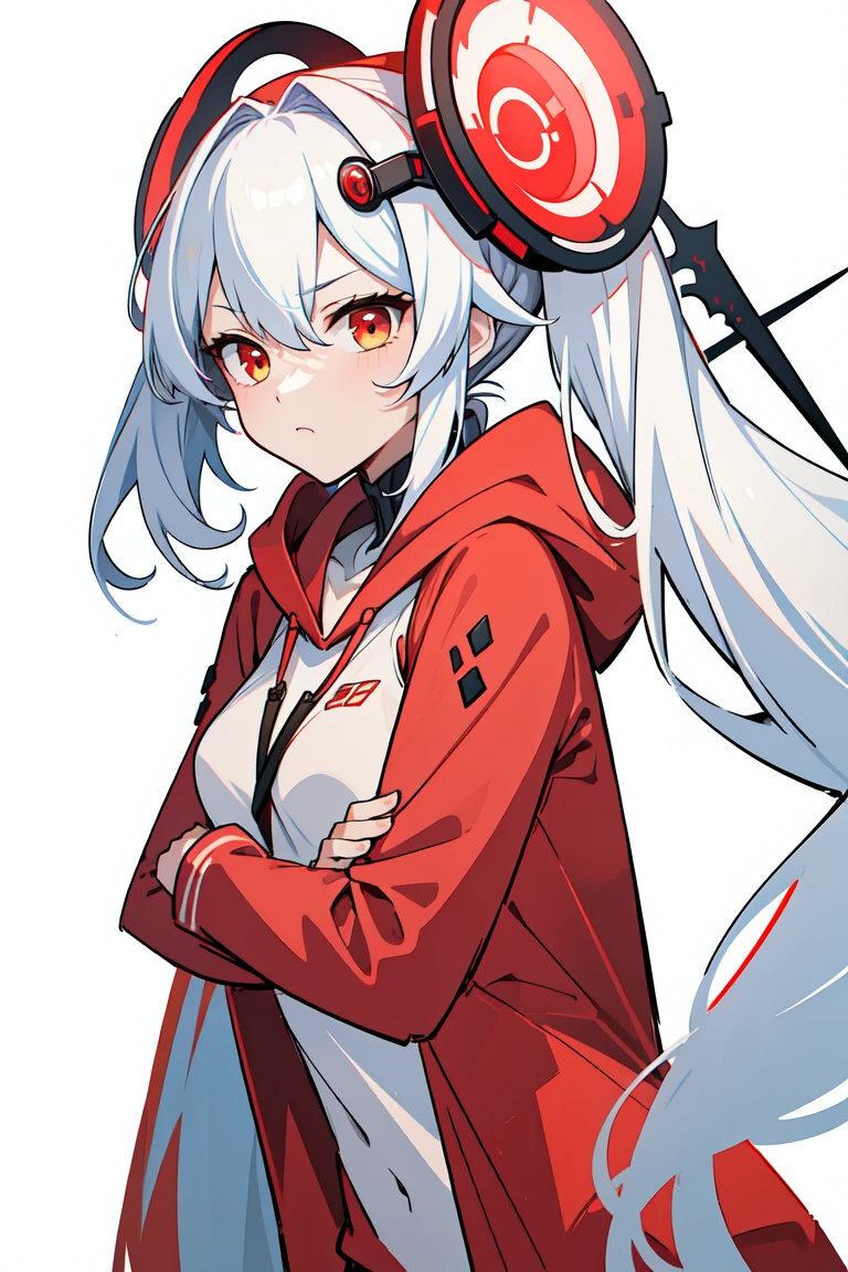 (masterpiece, Highest quality, super high quality:1.1), (From below), board member, close, One girl, alone, Sci-Fi Girl, young with long hair, Platinum White Hair, Very long twin tails, Hair between the eyes, Red eyes, Small breasts, , neutral, Pouting, Tsundere, anger, ((Wearing a red scarf, Blue hoodie, Alternative costume:1.2), headgear, Floating hair ornament, Upper Body, Leaning forward, hands on knees, (Upper Body, Volume Lightening), White Background, Simple Background、Plain background