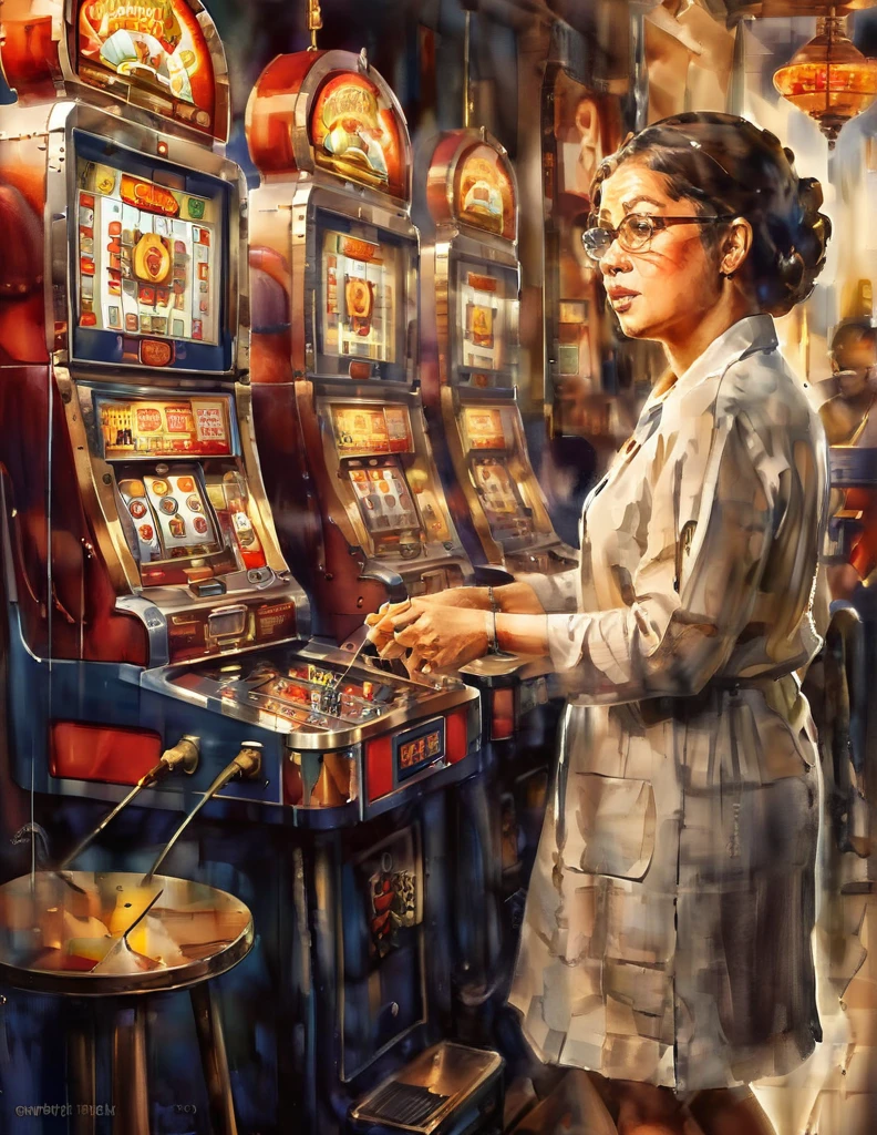 (Slot), (7), (Pachinko Parlor), (playing slot), (woman), (20s), (beautiful), (glasses), (multiple slot machines),(best quality:1.2),(master piece:1.2),(8k),(16k:1.2),(Illustration),(Best Quality:1.2), (Ultra-detailed:1.2),(top-quality:1.2),(​masterpiece:1.2)