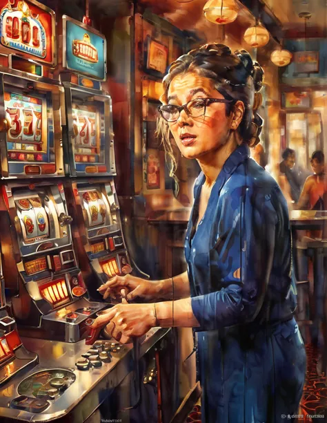 (Slot), (7), (Pachinko Parlor), (playing slot), (woman), (20s), (beautiful), (glasses), (multiple slot machines),(best quality:1...