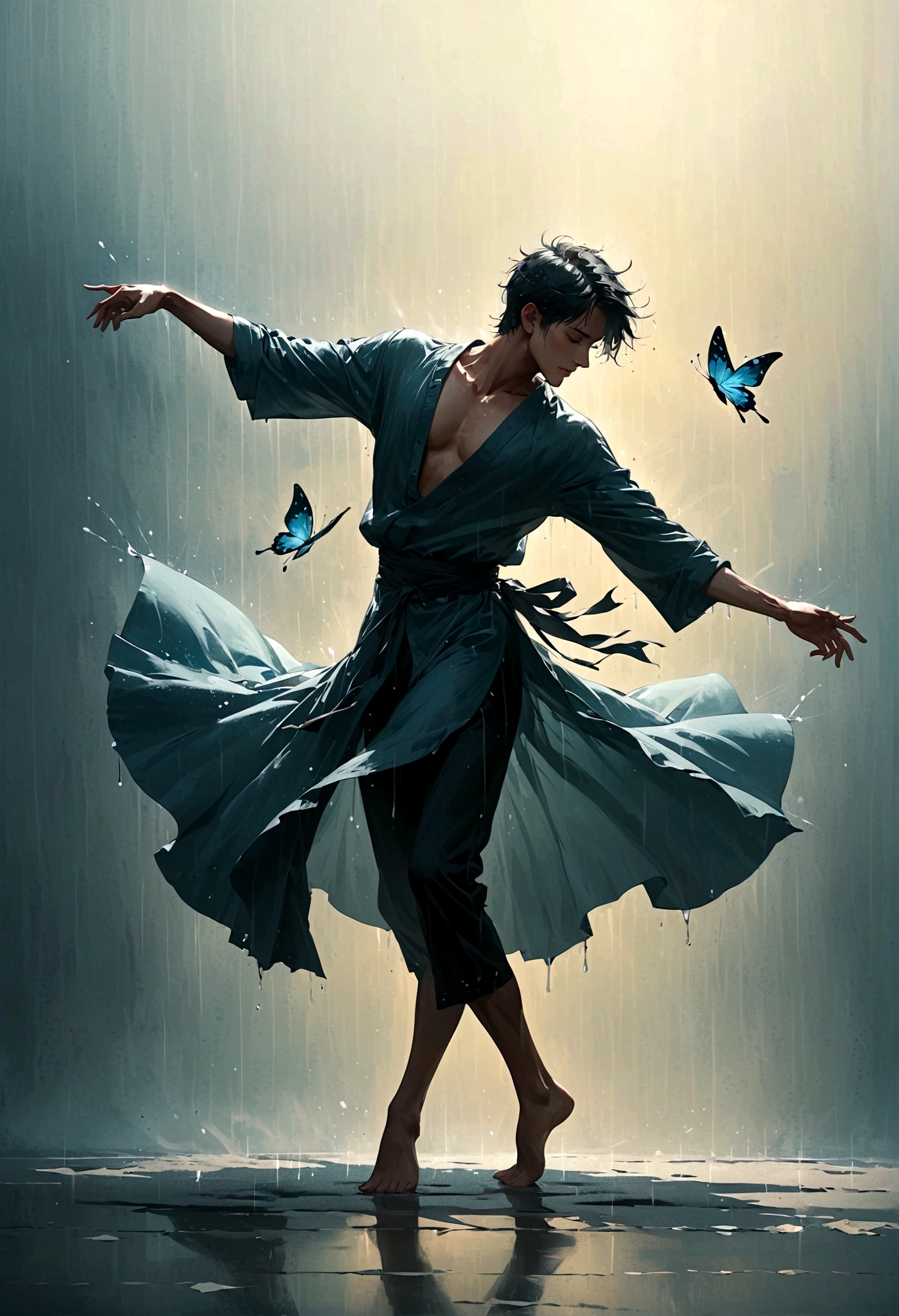 灵魂舞者马克,一名无家可归的男子在雨中独自跳舞，灵魂，赤脚，宽松破旧的衣服，专业芭蕾舞动作，指尖1只蝴蝶，极具传染性，溅，光与影，极简主义，意境，干净的背景