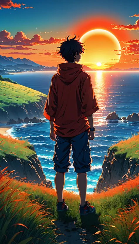 high quality, 8K Ultra HD, The image shows an anime boy looking out over the ocean at sunrise from a grassy hill, with a backgro...