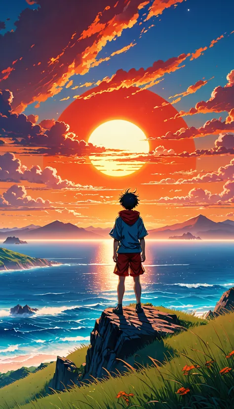 high quality, 8K Ultra HD, The image shows an anime boy looking out over the ocean at sunrise from a grassy hill, with a backgro...