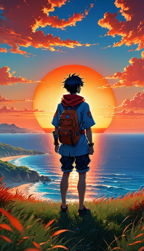 high quality, 8K Ultra HD, The image shows an anime boy looking out over the ocean at sunrise from a grassy hill, with a backgro...