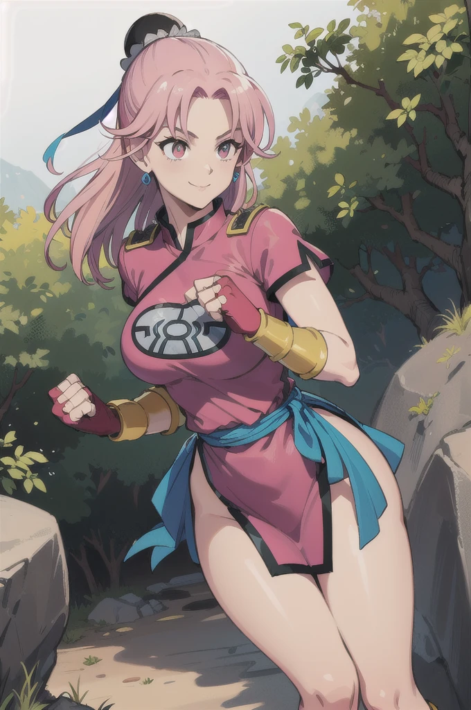 maam,big breasts,beautifuleyes,narrow waist,realistic,solo,outdoor,forest, martialMaam,pink hair,hair bun,long hair,china dress,short sleeves,sash,fingerless gloves,beautiful legs, smile, clenched fists, action pose,:1.1), lady, dragon quest