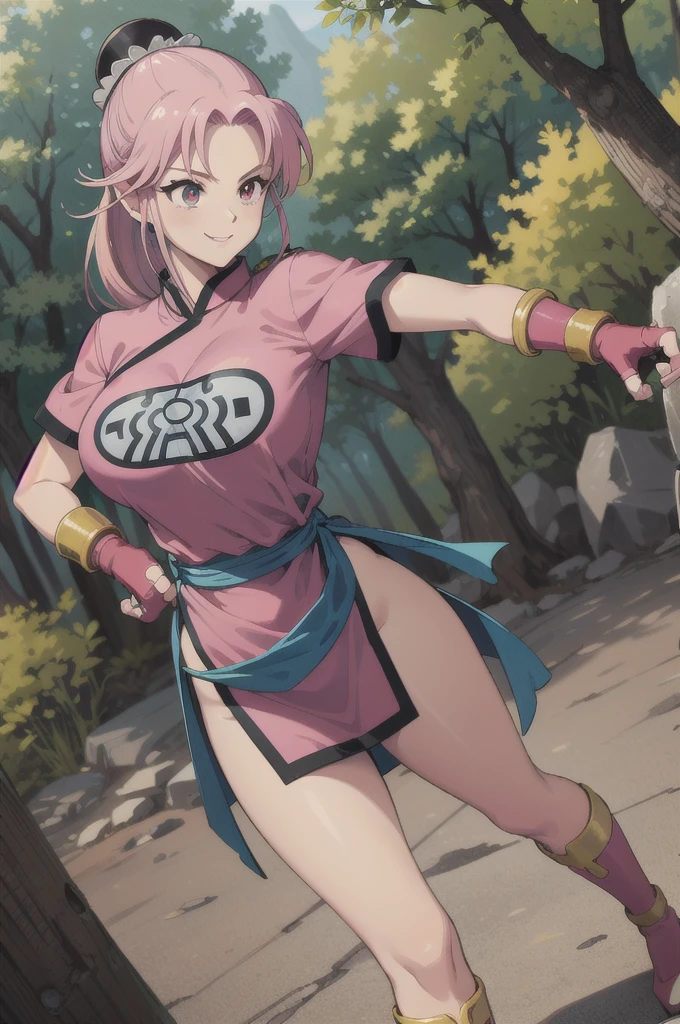 maam,big breasts,beautifuleyes,narrow waist,realistic,solo,outdoor,forest, martialMaam,pink hair,hair bun,long hair,china dress,short sleeves,sash,fingerless gloves,beautiful legs, smile, clenched fists, action pose,:1.1), lady, dragon quest