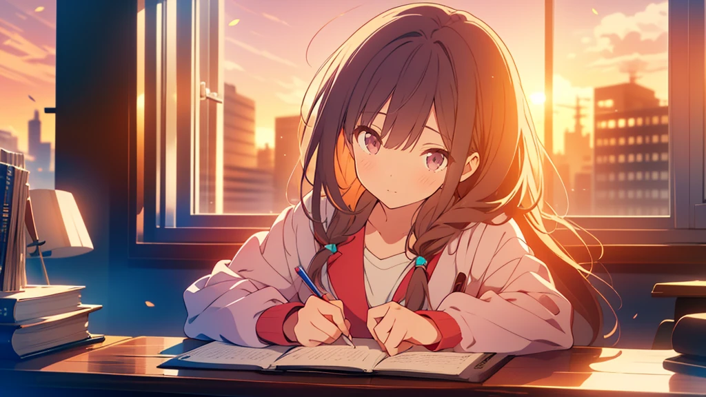 bangs, Long Hair, Hair above the eyes, Lost in Thought, Side Ponytail, Anime Style, 超High resolution, masterpiece, Textured skin, High resolution, Highest quality, A high school girl rests her chin on the desk while opening her notebook in the library, in the evening, Sunset shines through the window